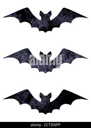 Halloween silhouettes set of three watercolor dark navy blue black terrible bats isolated on white background. Halloween night forest concept design e Stock Vector