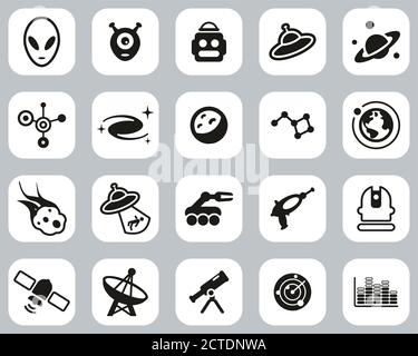 Alien Or Extraterrestrial Icons Black & White Flat Design Set Big Stock Vector