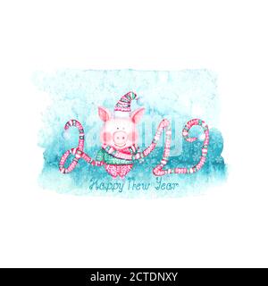 2019 Happy New Year illustration with watercolor pig in knitted sweater, pants, hat and lettering scarf on blue teal snow stain background. Chinese Ne Stock Vector