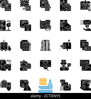 Postal services black glyph icons set on white space Stock Vector