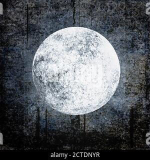 Halloween grunge background with full moon on dark spooky night cloudy sky. Halloween, horror and astrology concept. Space for text. Stock Vector