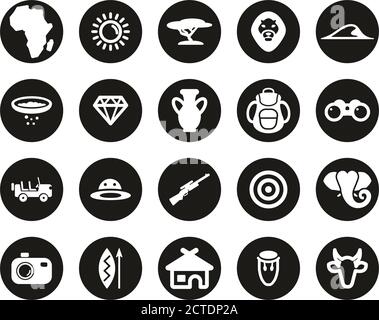 Africa Or African Culture Icons White On Black Flat Design Circle Set Big Stock Vector