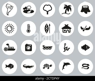 Amazon Rainforest Icons Black & White Flat Design Circle Set Big Stock Vector
