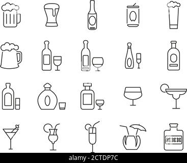 Alcoholic Drinks Icons Thin Line Set Big Stock Vector