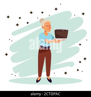 old woman with sweet cake active senior character vector illustration design Stock Vector