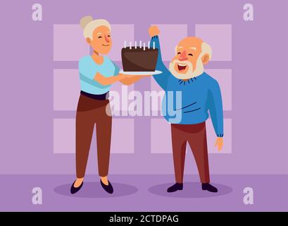 old couple with sweet cake active seniors characters vector illustration design Stock Vector