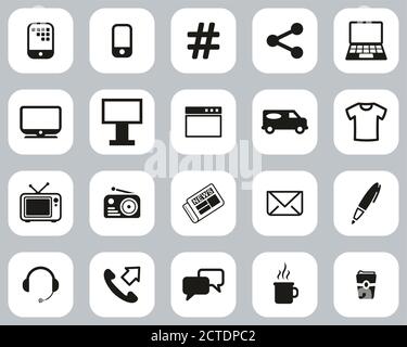 Advertising Media Icons Black & White Flat Design Set Big Stock Vector