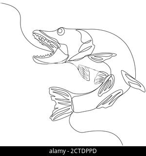 Pike. One line fish design silhouette. Logo design. Hand drawn minimalism style vector illustration. Stock Vector