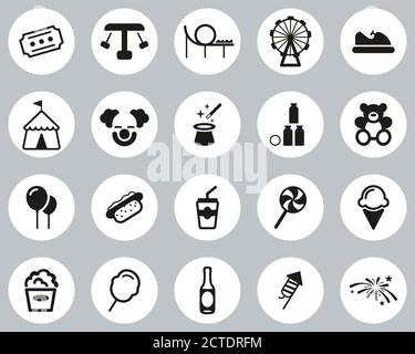 Amusement Park Icons Black & White Flat Design Circle Set Big Stock Vector