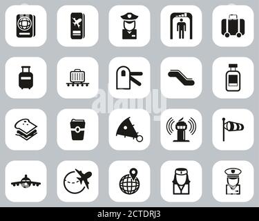 Airport Icons Black & White Flat Design Set Big Stock Vector