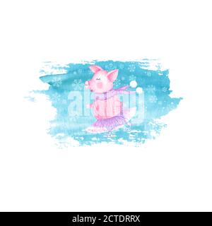 Watercolor skating pig in knitted sweater, tutu and scarf isolated on blue teal snow stain background. Chinese New Year of the Pig. Christmas and New Stock Vector