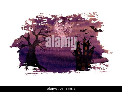 Halloween background with silhouettes of terrible dead tree, castle, bats and full moon on watercolor hand drawn dark purple spooky night sky stain ba Stock Vector