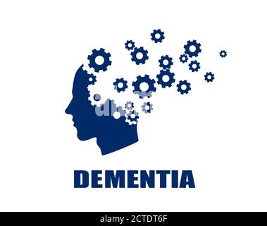 Memory loss due to dementia or Alzheimer's disease. Vector shape of a human head losing gears as symbol of declining mind function. Stock Vector