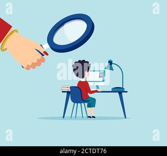 Vector of a woman looking through magnifying glass at a child using computer Stock Vector