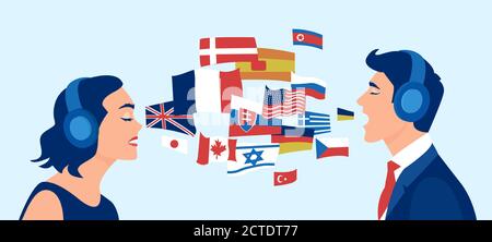Vector of a young woman and a man in headphones learning different languages communicating through simultaneous interpretation Stock Vector