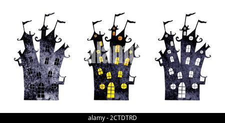 Halloween silhouettes set of three watercolor dark navy blue black terrible castles isolated on white background. Halloween night forest concept desig Stock Vector