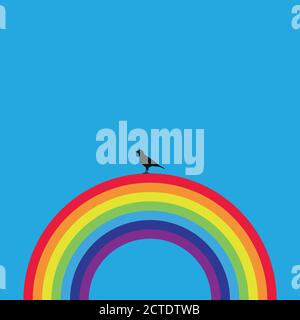 Bird sitting on rainbow, flat vector illustration design Stock Vector