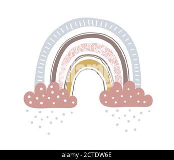 Cute childish illustrations with abstract full color rainbow. Striped arc in vintage pastel shades with cloud and dotted rain. Simple vector clipart illustration isolated on white background Stock Vector