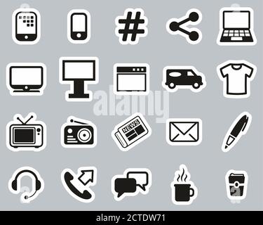 Advertising Media Icons Black & White Sticker Set Big Stock Vector