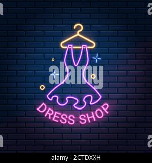 Dress shop neon light sign on dark brick wall background, vector illustration. Dressmaker, atelier, showroom, tailor, boutique banner Stock Vector