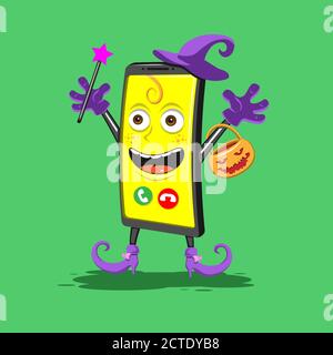 funny cartoon smartphone in boots hat with basket for Halloween on a green background. Vector image Stock Vector