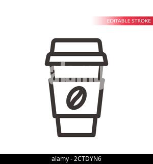 Coffee to go thin line vector icon. Coffee paper cup outline simple symbol with coffee bean, editable stroke. Stock Vector