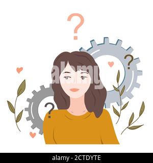 Pretty Woman thinking about some problem. The search for an answer concept, vector illustration. Female head with gears signs. Generation of ideas Stock Vector