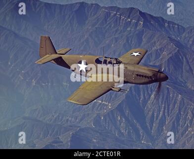 P-51 'Mustang' fighter in flight, Inglewood, Calif. The 'Mustang', built by North American Aviation, Incorporated, is the only American-built fighter used by the Royal Air Force of Great Britain - October 1942 Stock Photo