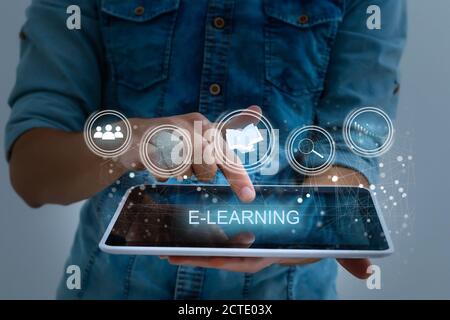 hand pressing learning word button. business concept. e learning Stock Photo