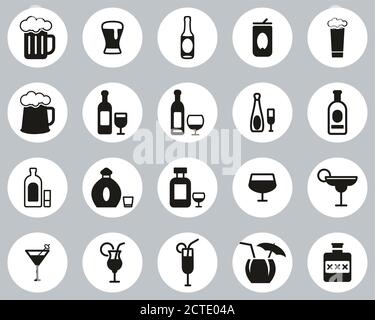 Alcoholic Drinks Icons Black & White Flat Design Circle Set Big Stock Vector