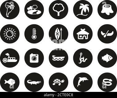Amazon Rainforest Icons White On Black Flat Design Circle Set Big Stock Vector