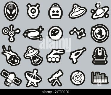 Alien Or Extraterrestrial Icons White On Black Sticker Set Big Stock Vector