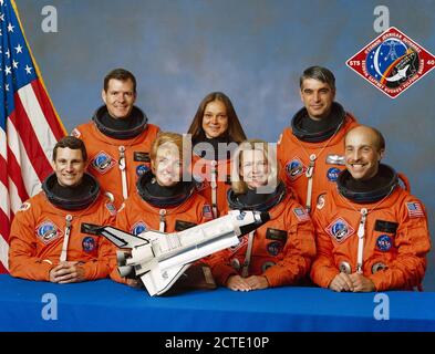 Pictured on the front row from left to right are F. Drew Gaffney, payload specialist 1; Milli-Hughes Fulford, payload specialist 2; M. Rhea Seddon, mission specialist 3; and James P. Bagian, mission specialist 1. Standing in the rear, left to right, are Bryan D. O’Connor, commander; Tamara E. Jernigan, mission specialist 2; and Sidney M. Gutierrez, pilot. Stock Photo