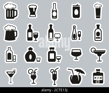 Alcoholic Drinks Icons Black & White Sticker Set Big Stock Vector