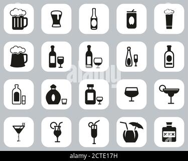 Alcoholic Drinks Icons Black & White Flat Design Set Big Stock Vector