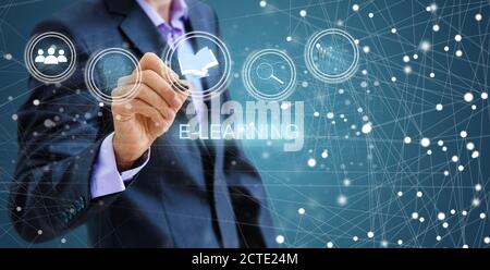 hand pressing learning word button. business concept. e learning Stock Photo