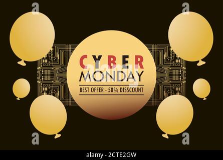 cyber monday holiday poster with golden balloons helium circular frame vector illustration design Stock Vector