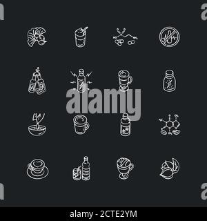 Energy drinks and caffeine chalk white icons set on black background Stock Vector