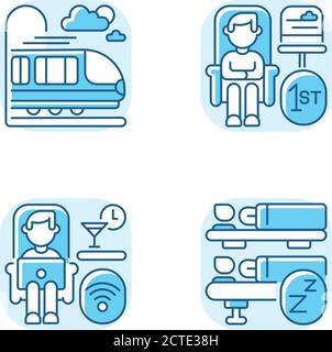 Luxury train service blue RGB color icons set Stock Vector