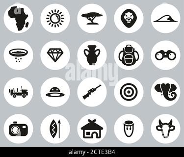 Africa Or African Culture Icons Black & White Flat Design Circle Set Big Stock Vector