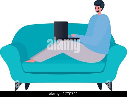 Man with laptop on couch working vector design Stock Vector