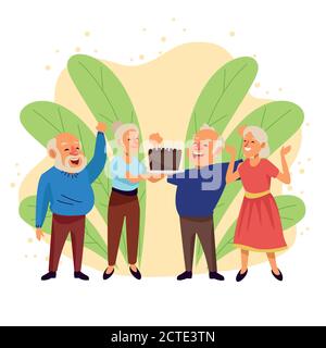 old people with sweet cake active seniors characters vector illustration design Stock Vector
