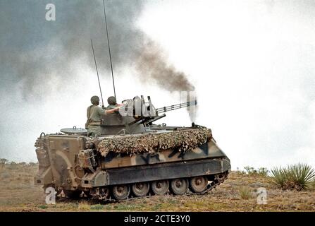 1978 - An M-163 Vulcan self-propelled anti-aircraft gun maneuvers into firing position during Joint Readiness Exercise Brave Shield XVIII. Stock Photo