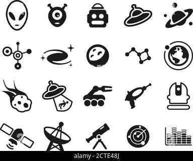 Alien Or Extraterrestrial Icons Black & White Set Big Stock Vector