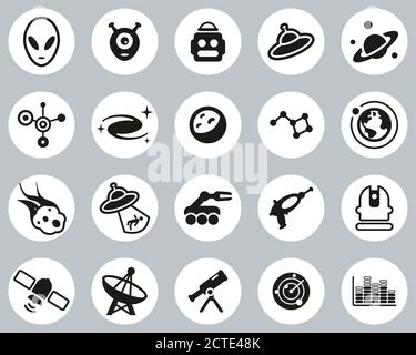 Alien Or Extraterrestrial Icons Black & White Flat Design Circle Set Big Stock Vector