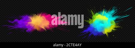 Color powder explosions isolated on transparent background. Splash of paint dust with particles. Vector realistic set of burst effect of colorful powder clouds Stock Vector