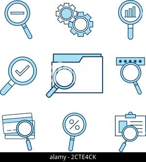 lupe and search line and fill style icons collection vector design Stock Vector