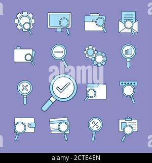lupe and search line and fill style set icons vector design Stock Vector