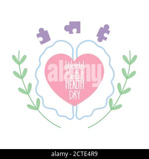world mental health day, phrase in heart brain puzzles jigsaw pieces vector illustration Stock Vector