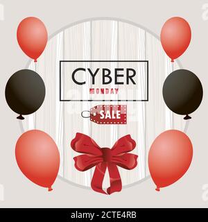 cyber monday holiday poster with red and black colors balloons helium in wooden background vector illustration design Stock Vector